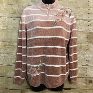 Alfred Dunner Size L Sweater Pink Striped Chenille 1/4 Zip Floral Embroidery
